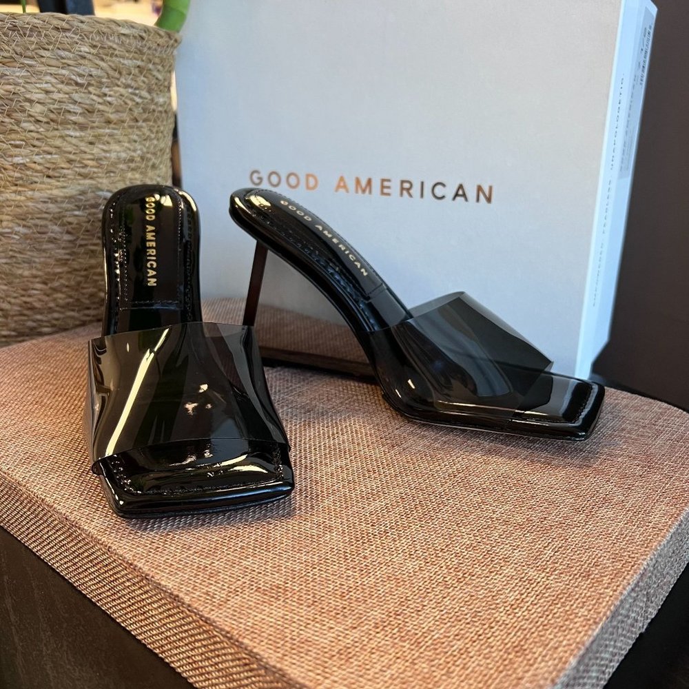 Good American Clear Black Wedge Mule Sandals Size 7